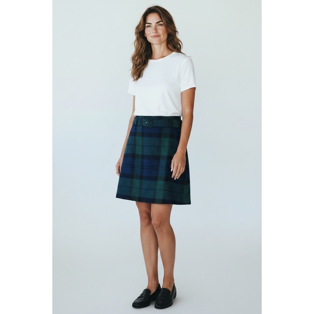 Talbots Black Watch Plaid Wool Blend Belted A-Line Skirt Green Navy 14 NEW